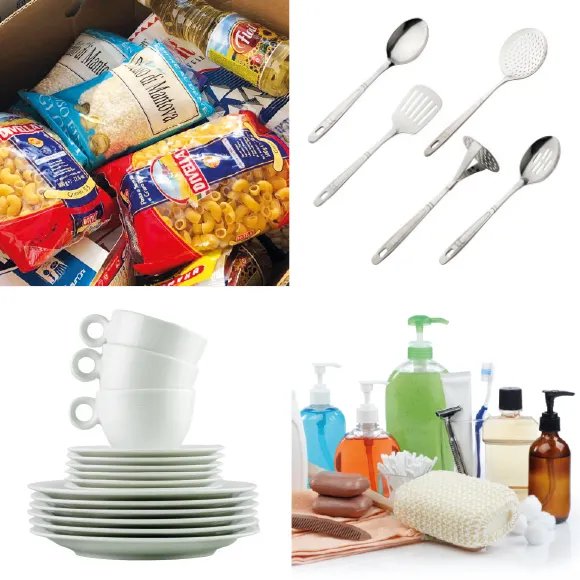 Food, kitchen utensils, crockery and a hygiene pack