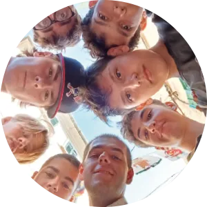 David (bottom-centre) with friends
