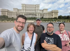 Rob, Rachel, Dan, Greg and Debora outside the Palace of Parliament, Bucharest